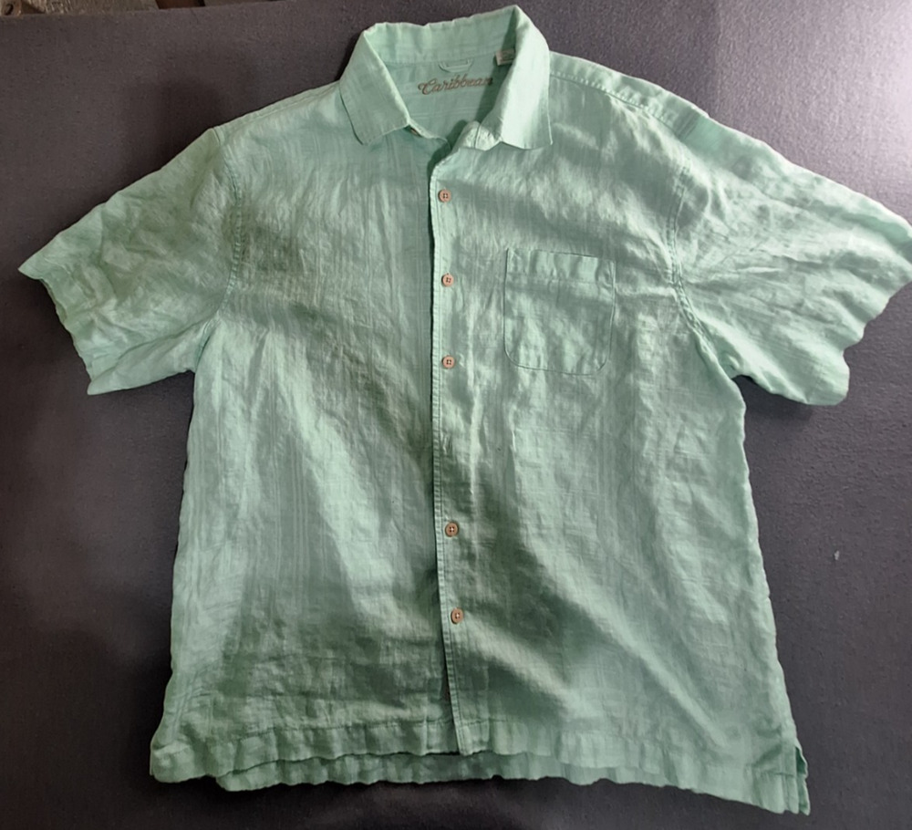 Caribbean Mens Casual XL Hawaiian Short Sleeve Button Up Pocket Shirt Mint Green